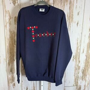 Lee Heavyweight. Navy Blue Crewneck with Teacher Embroidered Design. Size XL.